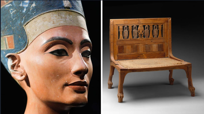 Bust of Nefertiti, 1345 BC, in The Neues Museum, Berlin, via State University New York Fashion History Timeline (left)
Hatnefer’s Chair, 1492-73 BC, via The Metropolitan Museum of Art, New York (right)